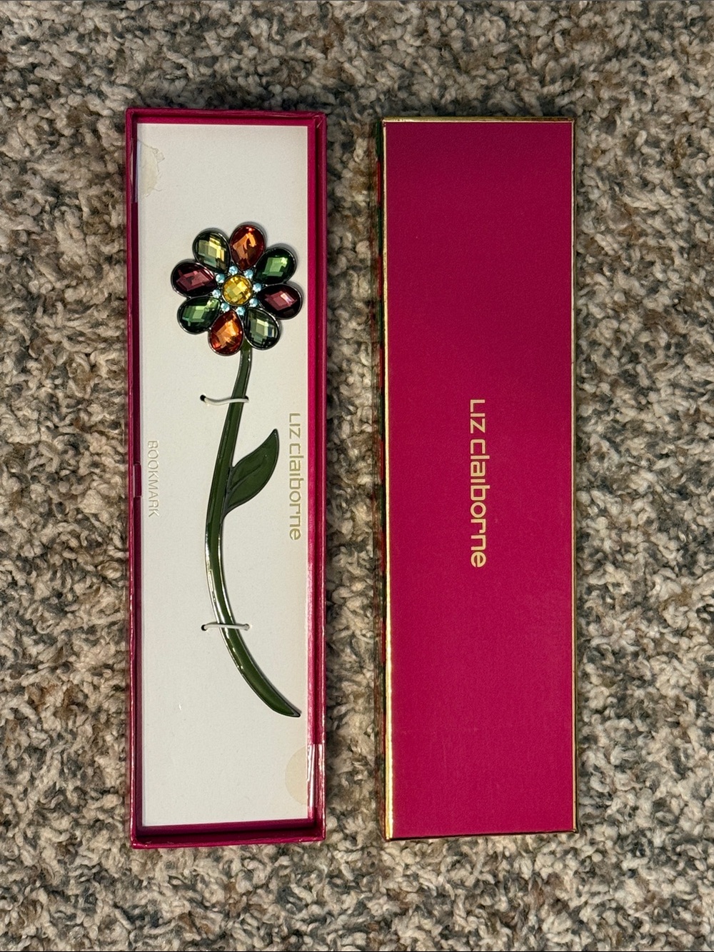 Vintage Liz Claiborne Xmas Green Stem Multicolor Jeweled Flower Bookmark NI